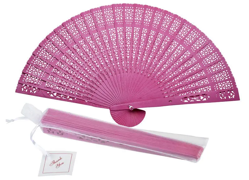 

8" Fuchsia Wood Panel Hand Fan w/ Beige Organza Bag