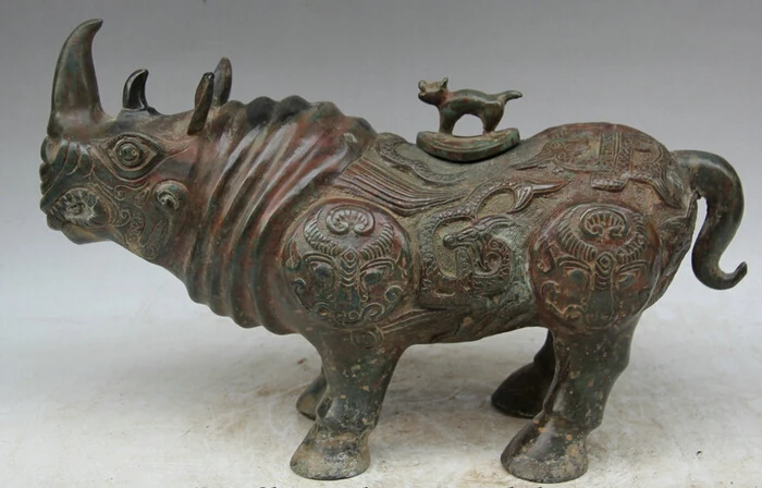 

JP S0524 15" Old Chinese Bronze animal Beast Bull Oxen rhinoceros Statue Pot Jar Crock