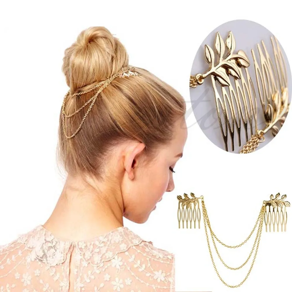 Womens Personality Golden Tone Leaf Hair Cuff Chain Comb Headband Hair