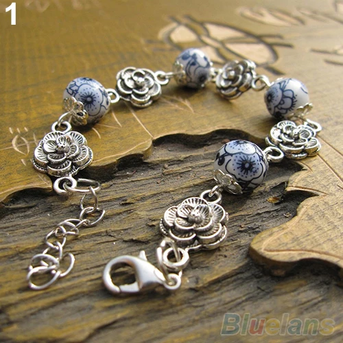 

Women's Ethnic Style Handmade Ceramic Silver Plated Adjustable Bangle Bracelet