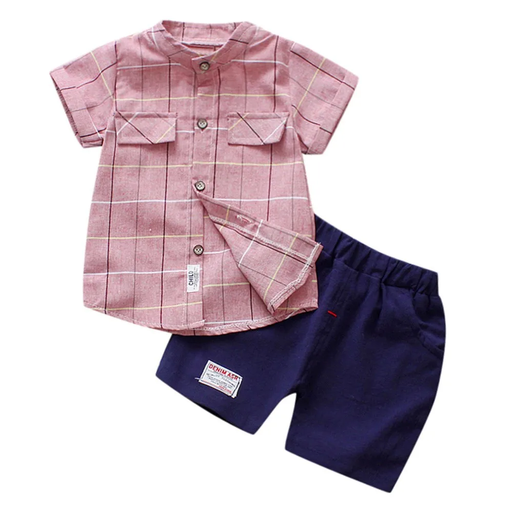 Комплекты летней одежды для маленьких мальчиков; Модная хлопковая рубашка в клетку для малышей; брюки; спортивные костюмы из 2 предметов для маленьких мальчиков; одежда для свадьбы - Цвет: Красный