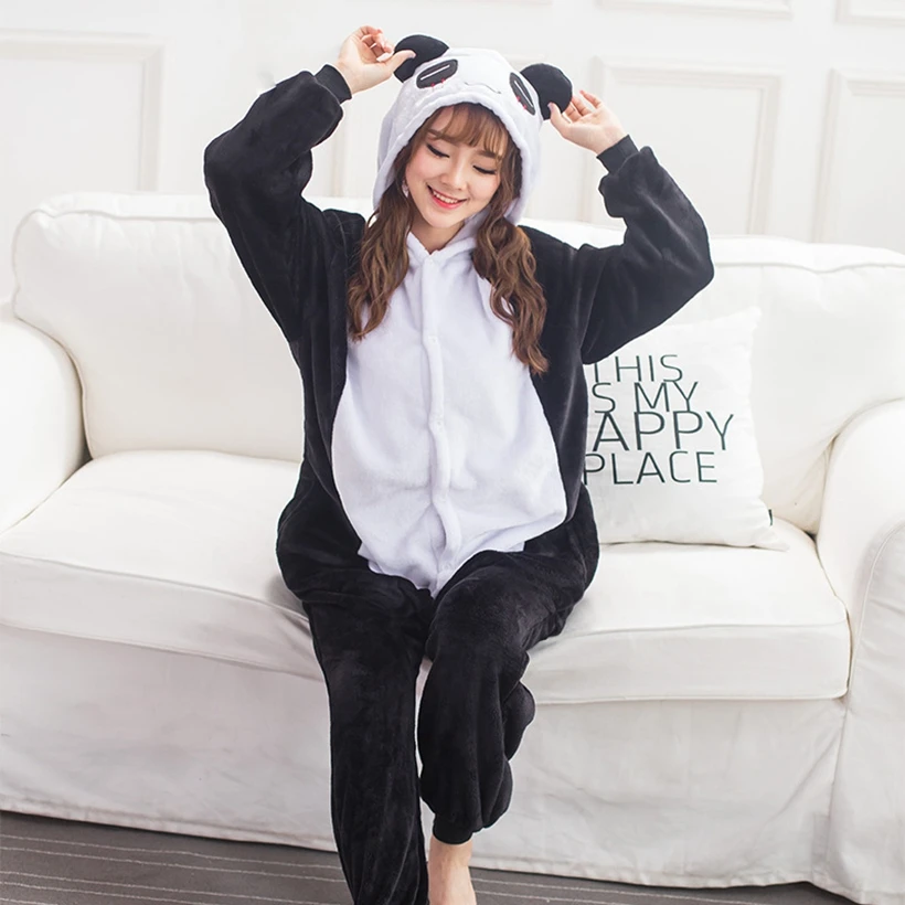 Black Panda Pajama Set Women Men Unisex Adult Animal Pijama Flannel