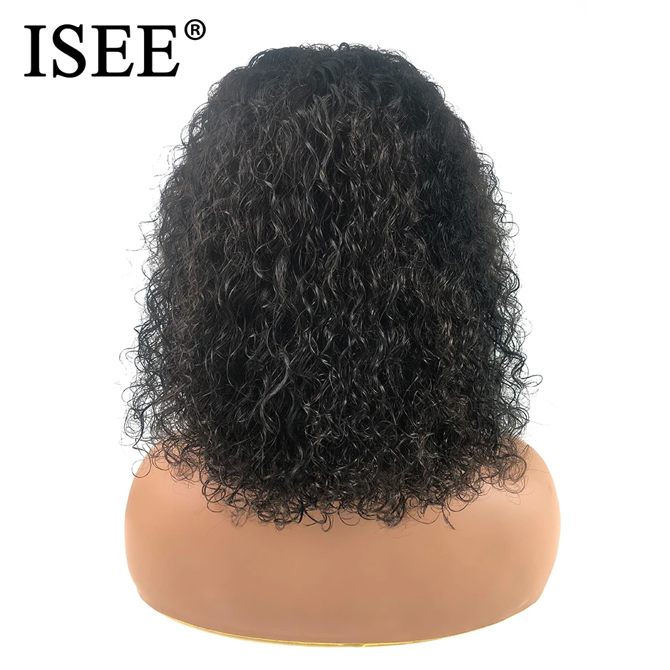 Online Pelucas de pelo humano corto rizado mongol para mujeres negras pelucas de cabello humano con encaje frontal ISEE pelucas de cabello Remy 150% Bob pelucas delanteras de encaje