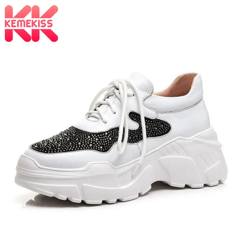 

KemeKiss Women Wedges Sneakers Genuine Leather Casual Shoes Women Fashion Shine Rhinestone Outdoor Vulcanized Shoes Size 34-39
