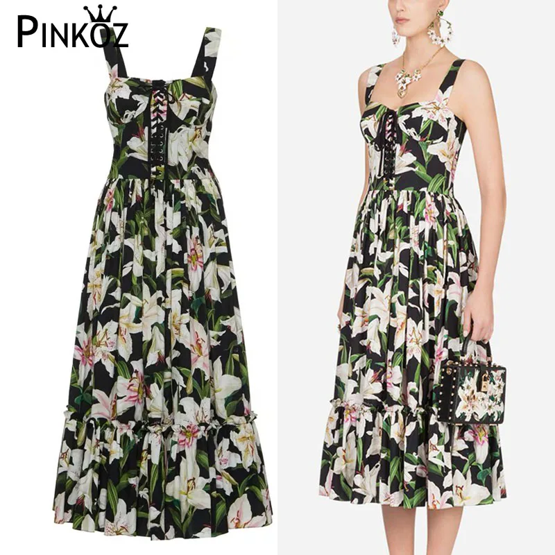 Pinkoz Лилия Цветок печати миди платье ремень Tip Up для женщин летние цветочные повседневное пляжное Pinting dreess