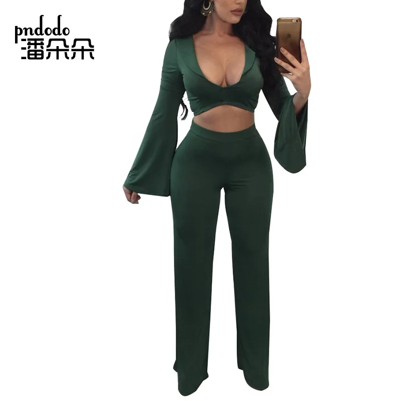 

Pndodo PLUS SIZE 2018 Spring 2 Piece Sets Womens Crop Top and Pants Outfits Female Long Flare Sleeve Top Two Piece Trouser Set