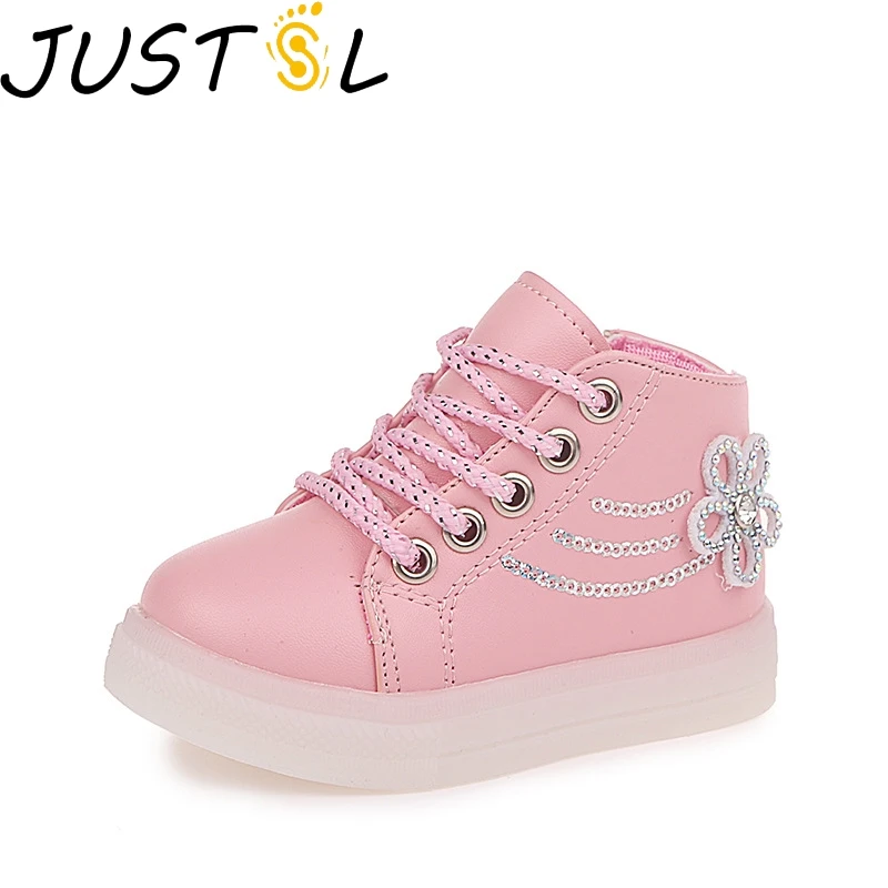 

JUSTSL kids fashion casual glowing shoes children's shoes rhinestones flowers LED boots soft bottom baby girls shoes size 21-30