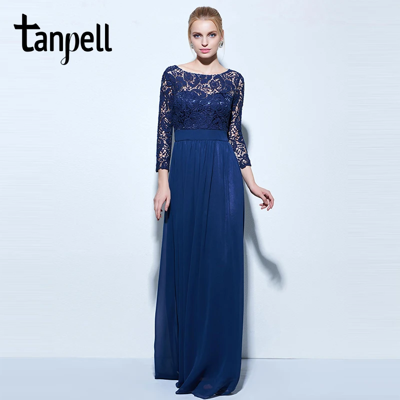 Tanpell long evening dresses dark navy lace 3