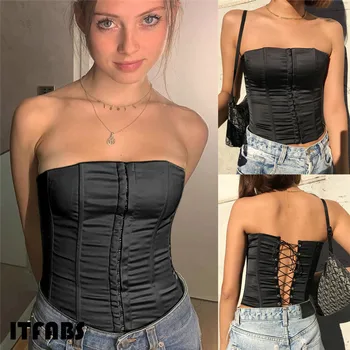 

2019 Summer Women Sexy Off-shoulder Tube Crop Tops Strapless Bra Tank Vests Top Halter Strap Short Section Navel Wrapped Chest