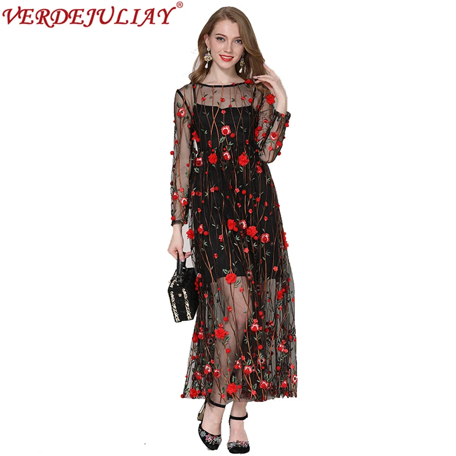 Mesh Long Novelty Dresses 2019 Summer Women Fashion Flowers Embroidery