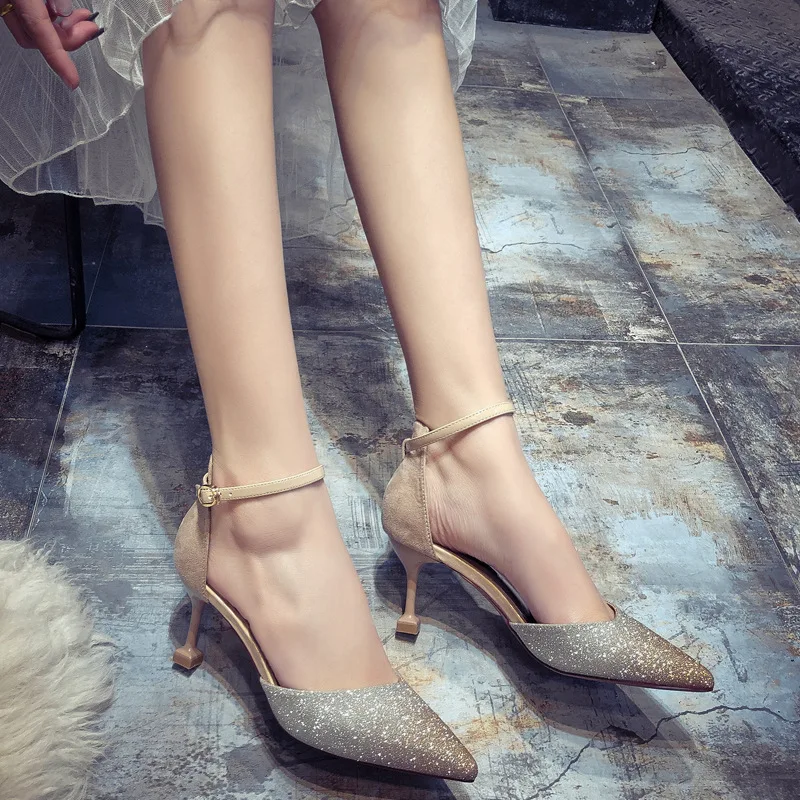 

2019 autumn new fashion simple solid color high heels women elegant style sequins decorative pointed toe casual high heels