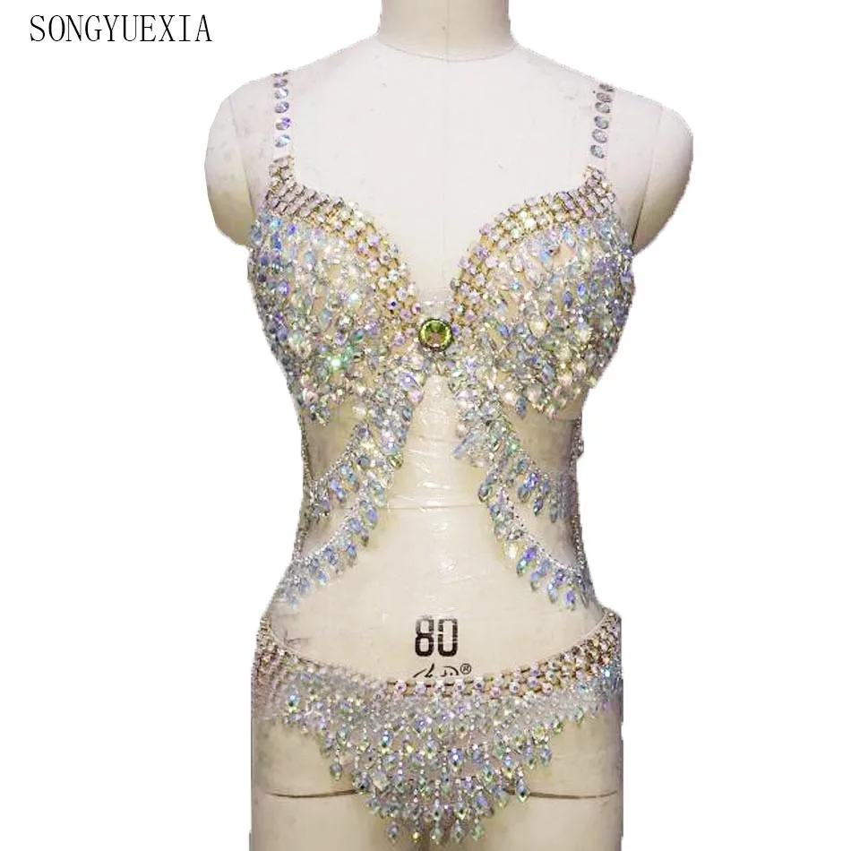

Custom nightclub car model ds dj female singer pole dancing gogo performance clothing bright diamond bikini sexy bra suit