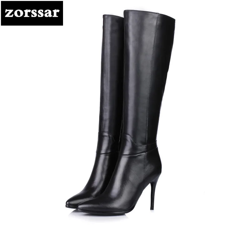 

{Zorssar} winter fur woman shoes thin high heels Women riding Boots Genuine Leather knee high Boots pu+genuine leather boots