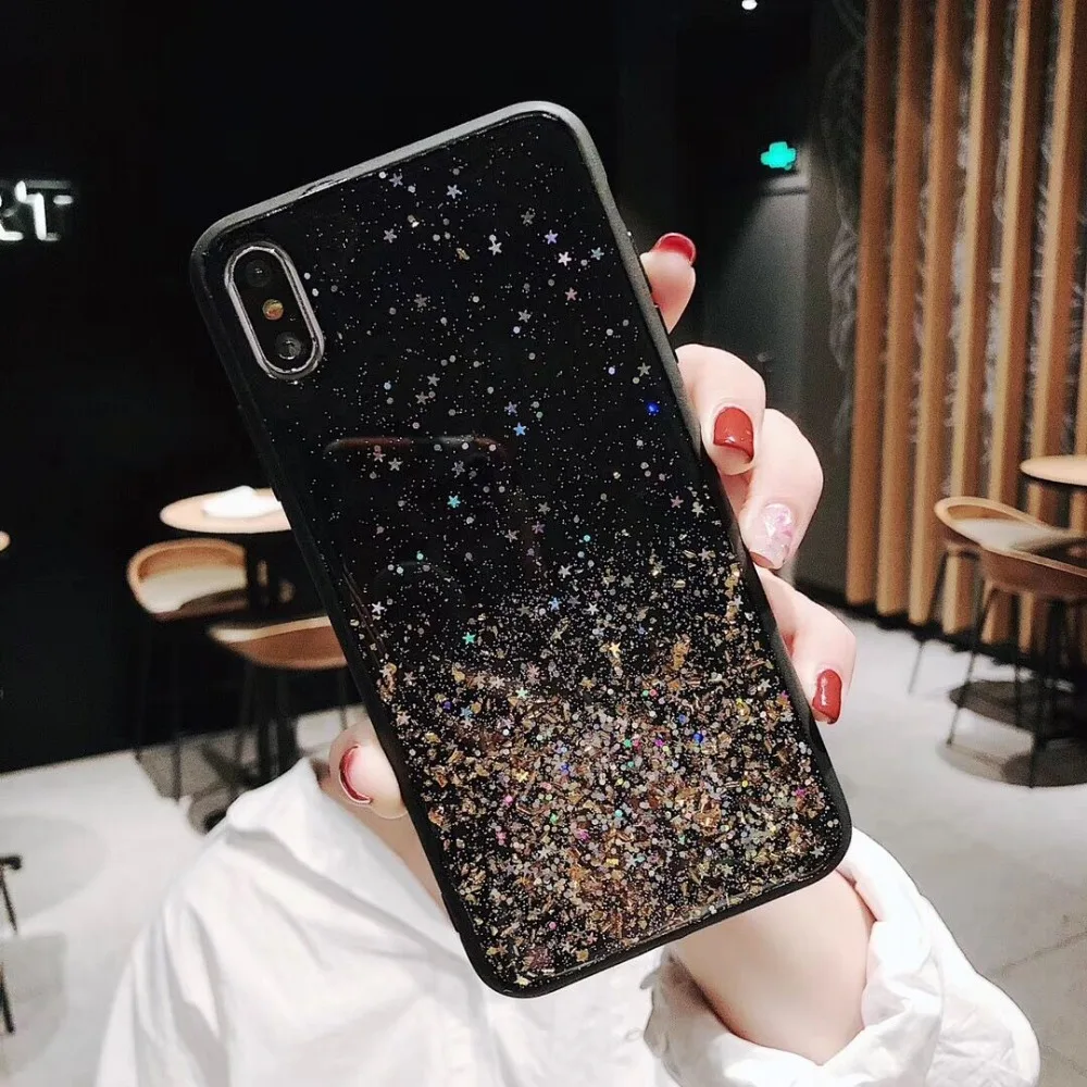 HUANQING Flash powder starry sky gold foil mobile phone shell For iPhone 6 6S 7 7Plus 8 8Plus fashion For XR XS Max luxury Phone case5