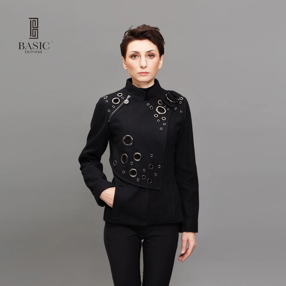 BASIC EDITIONS Spring Autumn Women Fashion Jacket Metal Circle Mandarin