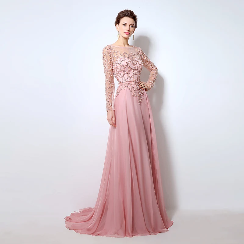 Real Pictures Long Sleeves Evening Dresses Pink Chiffon