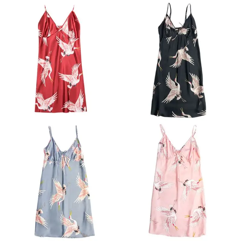 

Womens Summer Imitation Silk Sexy V-Neck Sling Nightdress Red-Crowned Crane Printing Sleepwear Bowknot Bridal Bridesmaid Pajamas