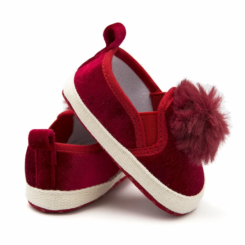 Baby Shoes Espadrille Outsole Round Toe Fur Trim Little Girl Shoes Red Infant Shoes Baby Booties Pram Shoes Toddler Loafer 0-18M