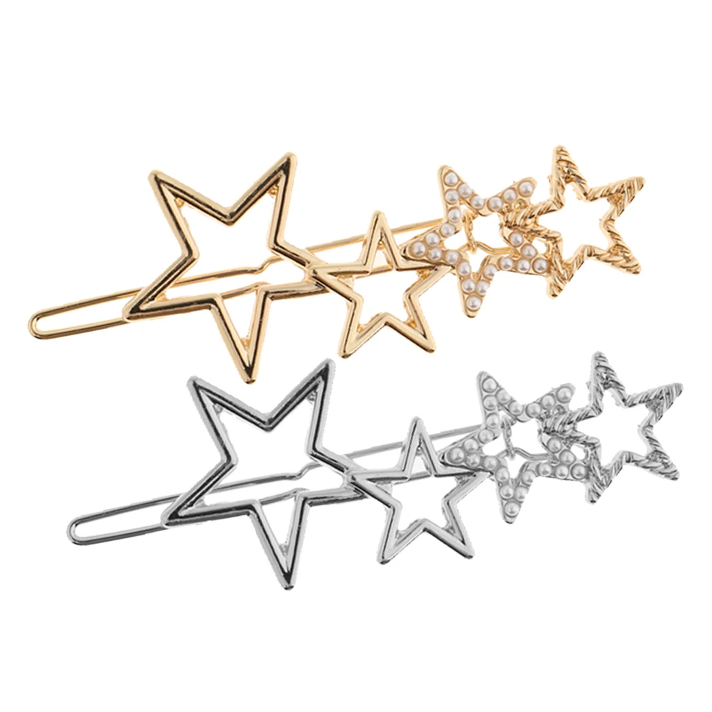 Women Girls Retro Alloy Hair Clip Star Shape Pearls Slide Hairclip Hair Pin Party