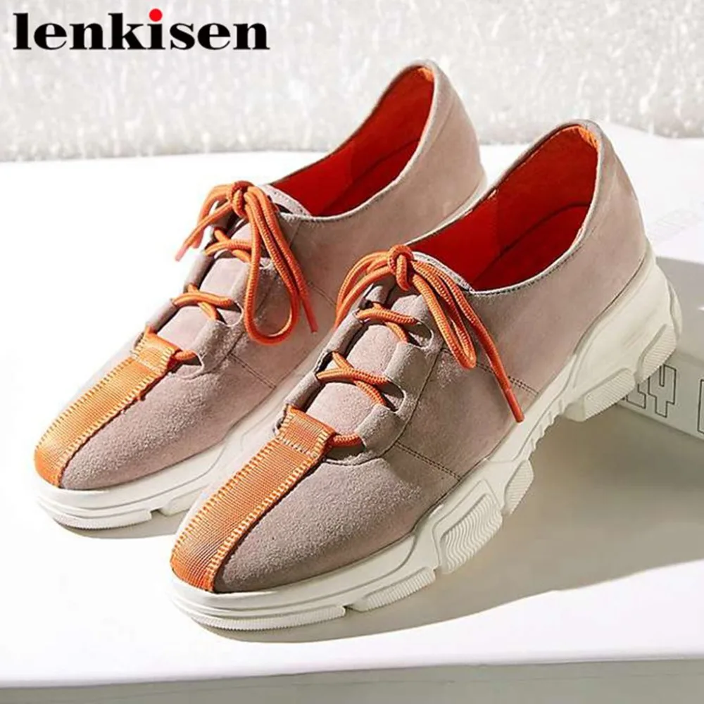 

2019 new kid suede mixed colors thick med bottom platform round toe lace up shallow sneakers streetwear vulcanized shoes L11