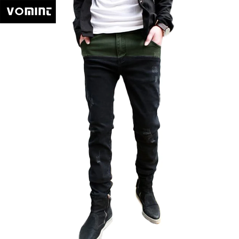 

Vomint New Spring Autumn Men's Skinny Fit Jeans Splicing Green Black Elastic Fabric Pencil Pants Grinding Washing Tight Jeans