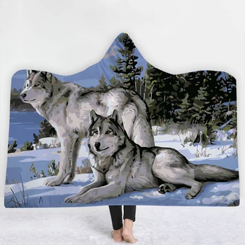 

SOFTBATFY Watercolor Tempera Wolf And Fox Hooded Blanket Fleece Throw Blanket Dropshipping