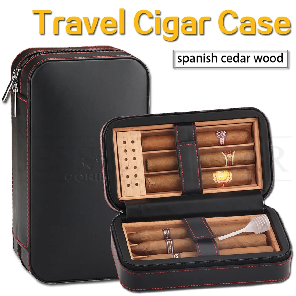  Travel Cigar Humidor Box Leather Cigar Case Portable Cedar Wood COHIBA Humidor Hold 6 Cigars With H