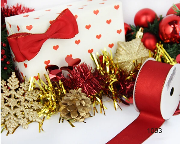 

N1093 38mm(1-1/2") Christmas red satin ribbon gift packaging wired edge ribbon 25yards roll
