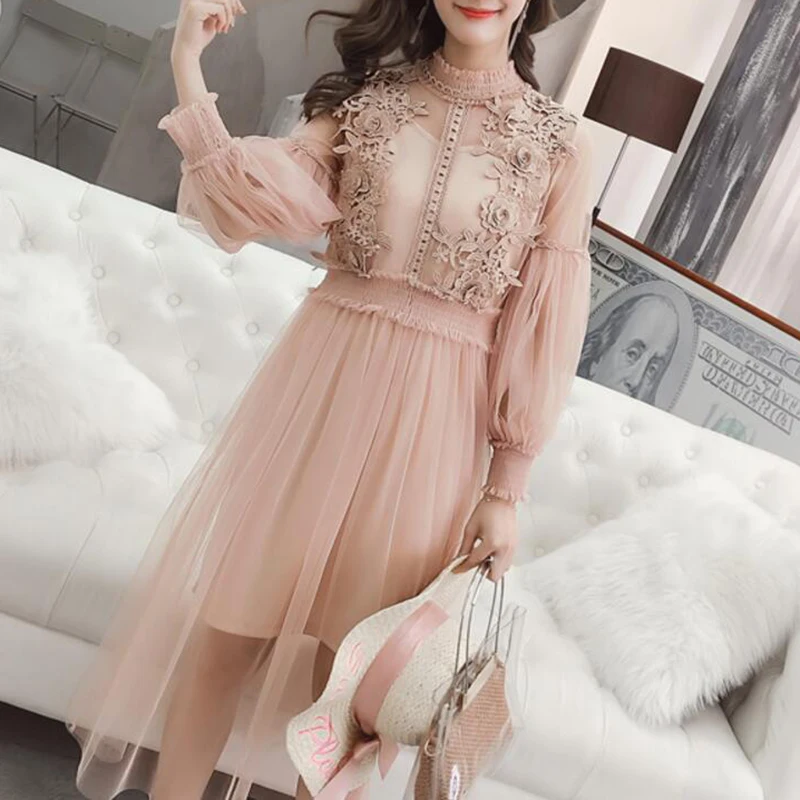 

Elegant Hollow Out Lace Dress Women New long Puff Sleeve High Waist Vintage long Party Dresss Summer Dress