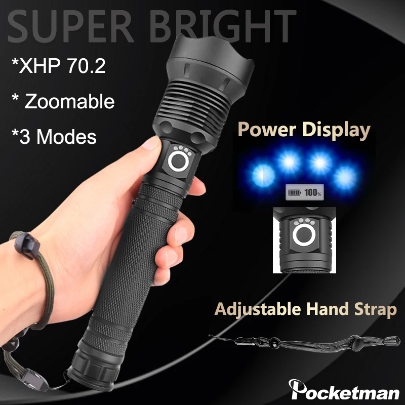 

55000LM XHP70.2 LED Flashlight Powerful 50W Torch USB Rechargeable Flashlight Zoomble Flashlight Waterproof Tactical defense