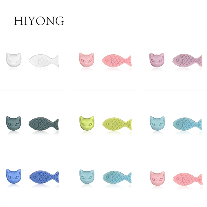 

HIYONG 2019 Fashion Cat and Fish Shape Earrings With White Color Elegant Design Antiallergic Ceramics Koren Earrings Firlor Girl