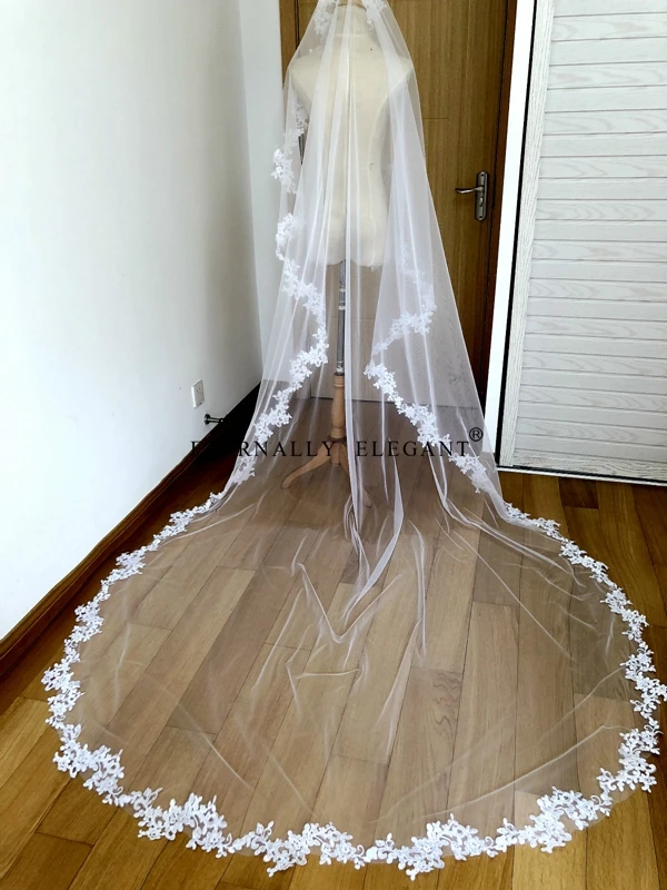 New White/Ivory Wedding Veil 3m Long Comb Lace Mantilla Cathedral Bridal Veils 