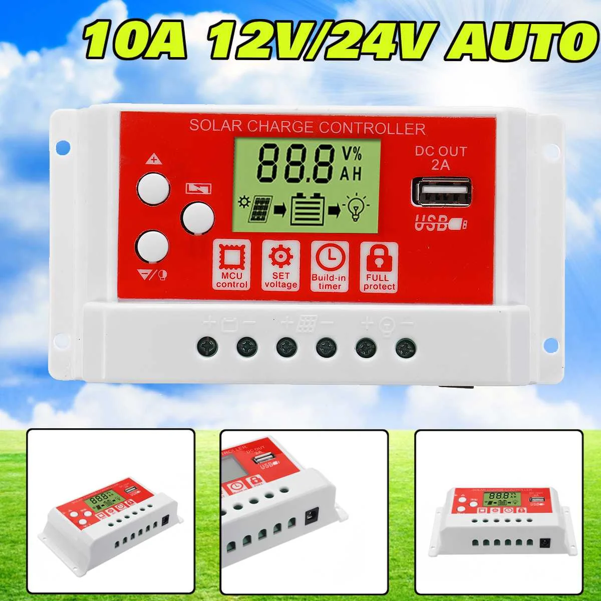 

10A 12V/24V AUTO Solar Charge Controller LCD Display PWM USB Solar Panel Regulator Charge Controller