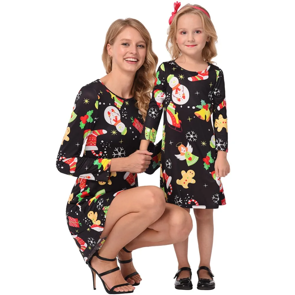 Новое поступление 2018 Повседневное тонкий Для женщин платье с мультипликационным принтом с длинными рукавами для Мама и дочь круглым
