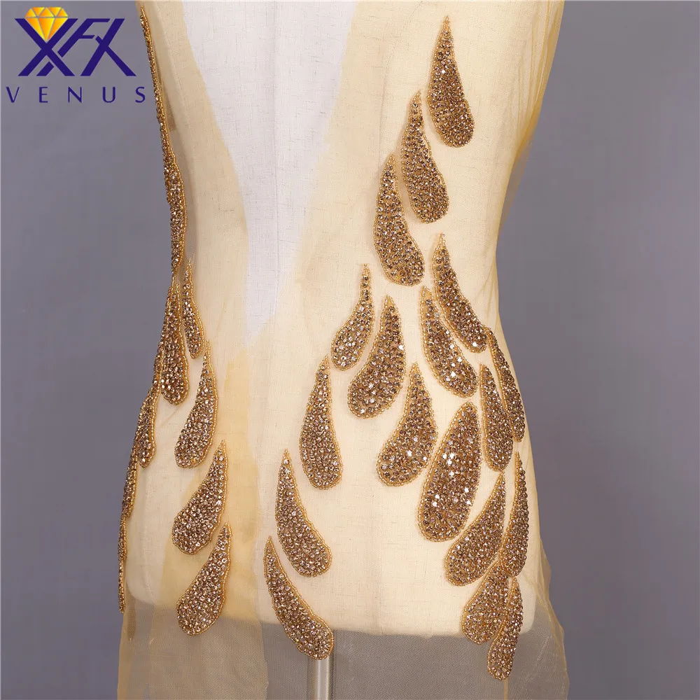 XFX VENUS 1 Set Handmade Gold Shine Rhinestones applique beads patches large size big trimming motif bodice for wedding dresses