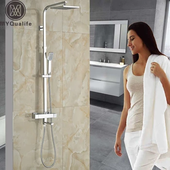

Chrome Bathroom Thermostatic Mixer Shower Faucet Set Dual Handles Wall Mount Bath Shower Kit with 8" Rainfall Showerhead