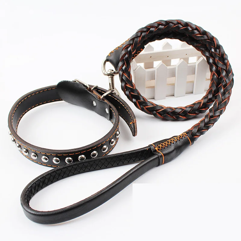 Genuine Leather Dog Leash Pet Supplies Rivet Dog Collar High Quality