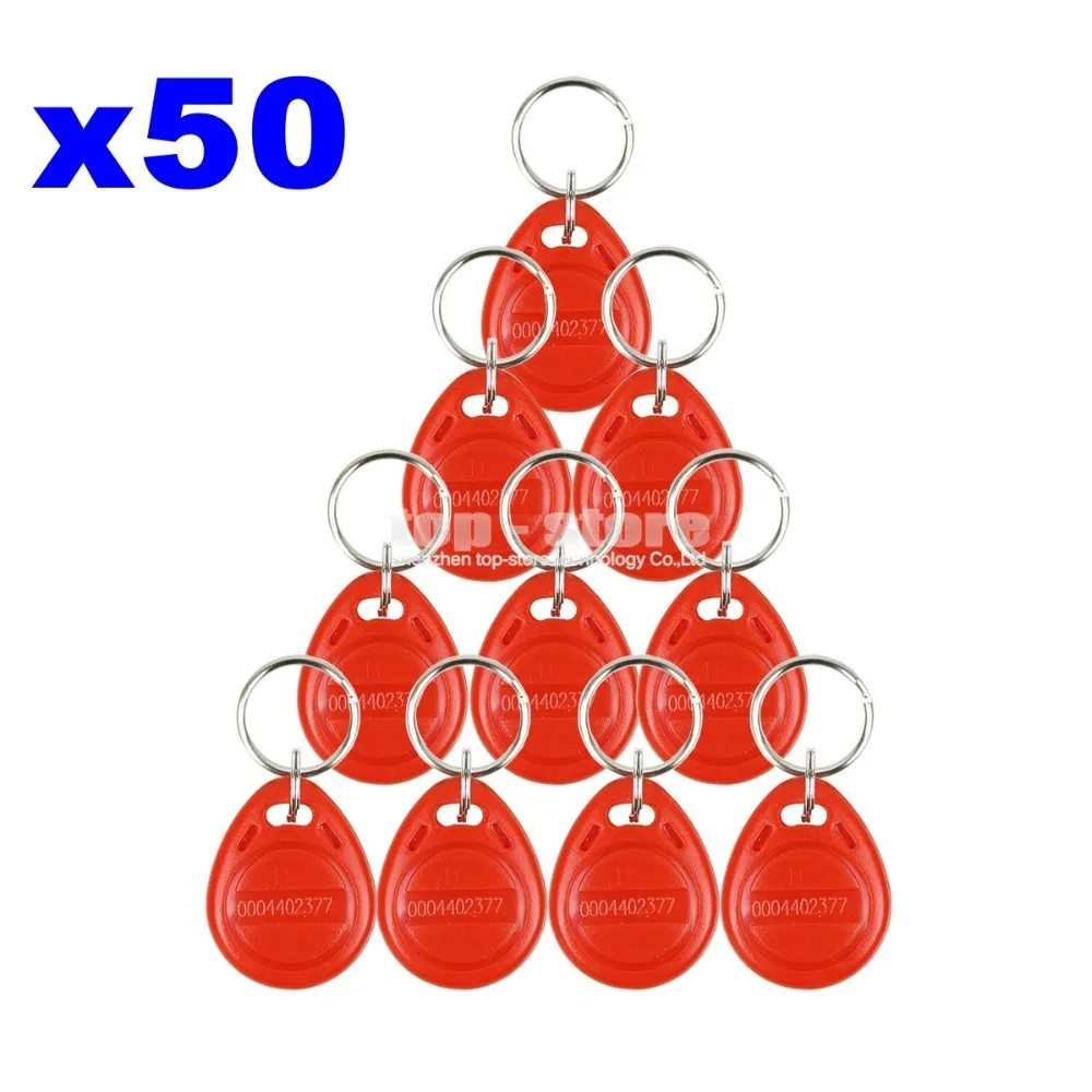 

DIYSECUR 50pcs 125Khz RFID Card Key fobs Key Chian For Access Control System 125KHz RFID Reader Use Red