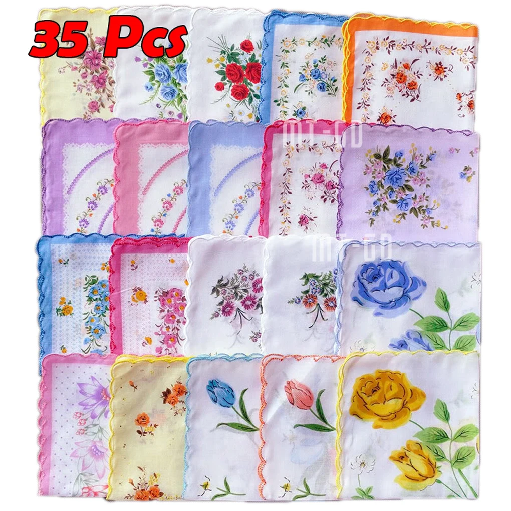 

35 pcs Cotton Gauze Muslin Square Lovely Flower Pattern Handkerchief Towel