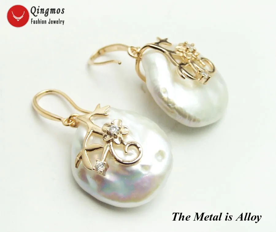 Qingmos Trendy Natural White Pearl Earring for Women with 20mm Oval Dangle Pearl Earrings Fine Jewelry Free Pack Box ear716