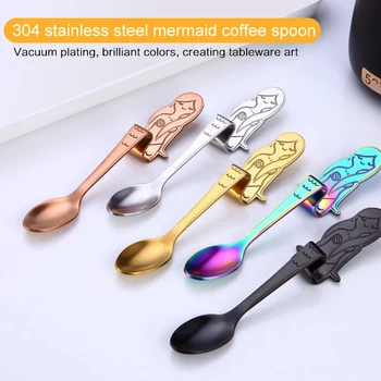 

High Quality 304 Stainless Steel Cute Mermaid Coffee Spoon Kitchen Hanging Handle Milk Teaspoon Dessert Scoops Kitchen Gadget
