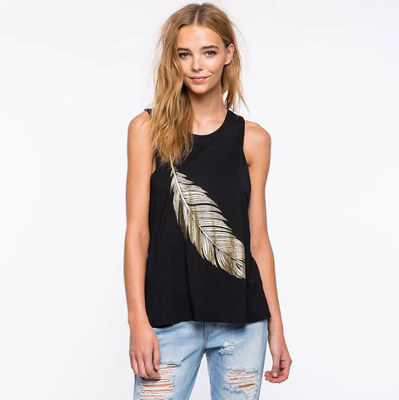 

Bronzing Feather Black Women T Shirt Sleeveless Easy To Match Fashion Female Tees Clothes F130