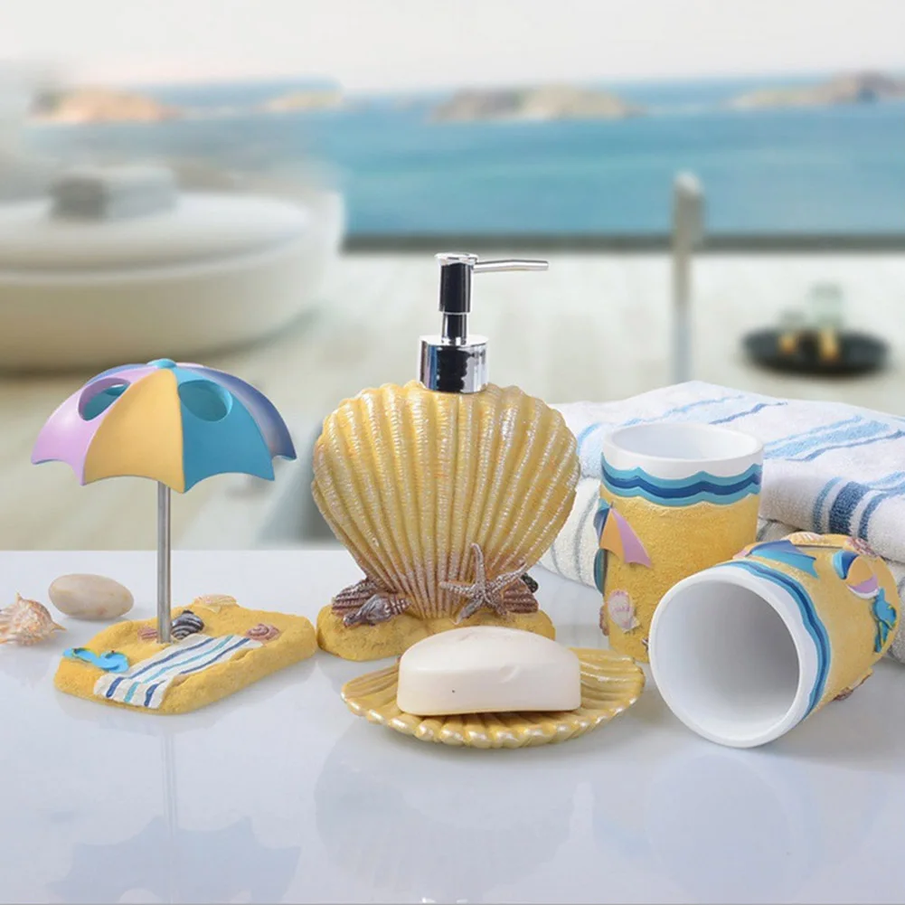 

5 Pcs Resin Bath Accessories Set Contemporary Marine Style Lotion Dispenser +Toothbrush Holder+Soap Dish+2 Tumbler Sets Best Pr