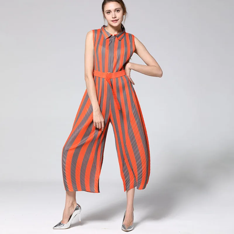 

LANMREM 2019 new turn-down collar sleeveless striped wide legs three quarter length waist belts jumpsuit female bottom WH70315