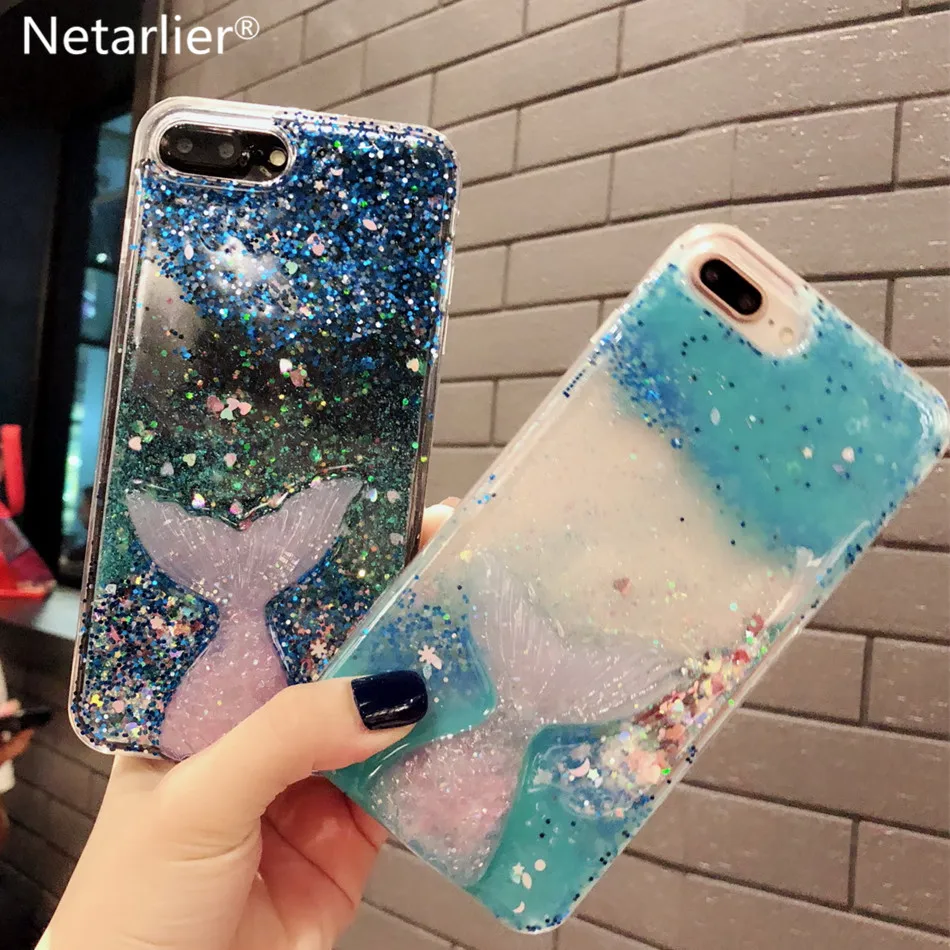 Netarlier Liquid чехол для iPhone 6 S 7 Plus 8 ix XR Xs Max 3D Блеск хвост русалки капельный порошок