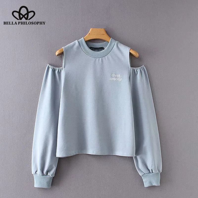 Wonder 2018 new autumn letters embroidery pullover hoodies ladies sweet off shoulder women chic casual loose sweatershirts tops