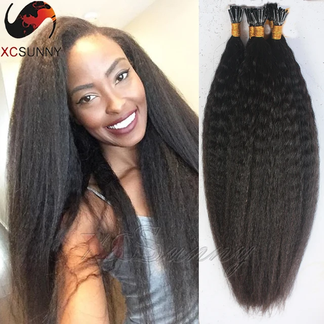 Kinky Straight I Tip Human Hair Extension 1g/strand 100strands Peruvian Virgin Hair Coarse Yaki