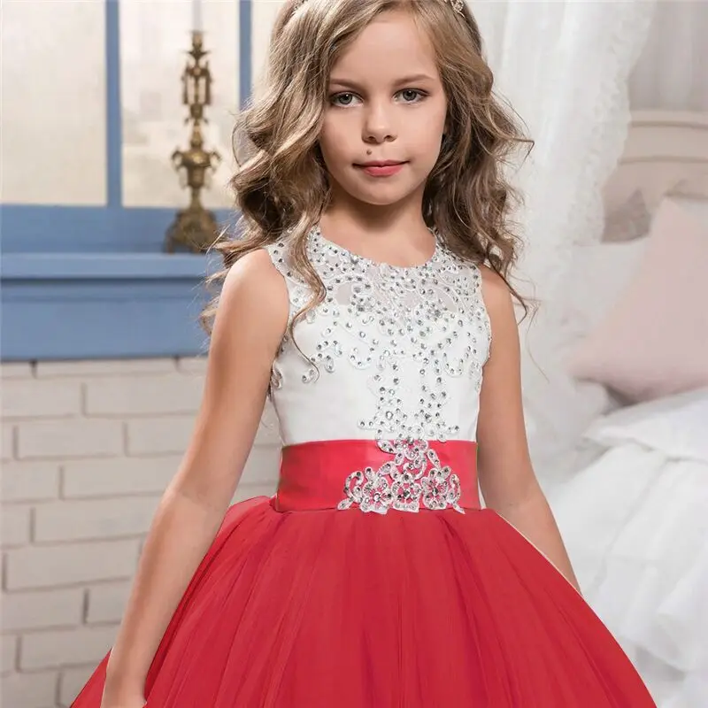 Элегантное платье для девочек, свадебные платья коллекция года, красная Новогодняя одежда детское платье с открытой спиной и цветочным рисунком для детей возрастом от 6 до 14 лет