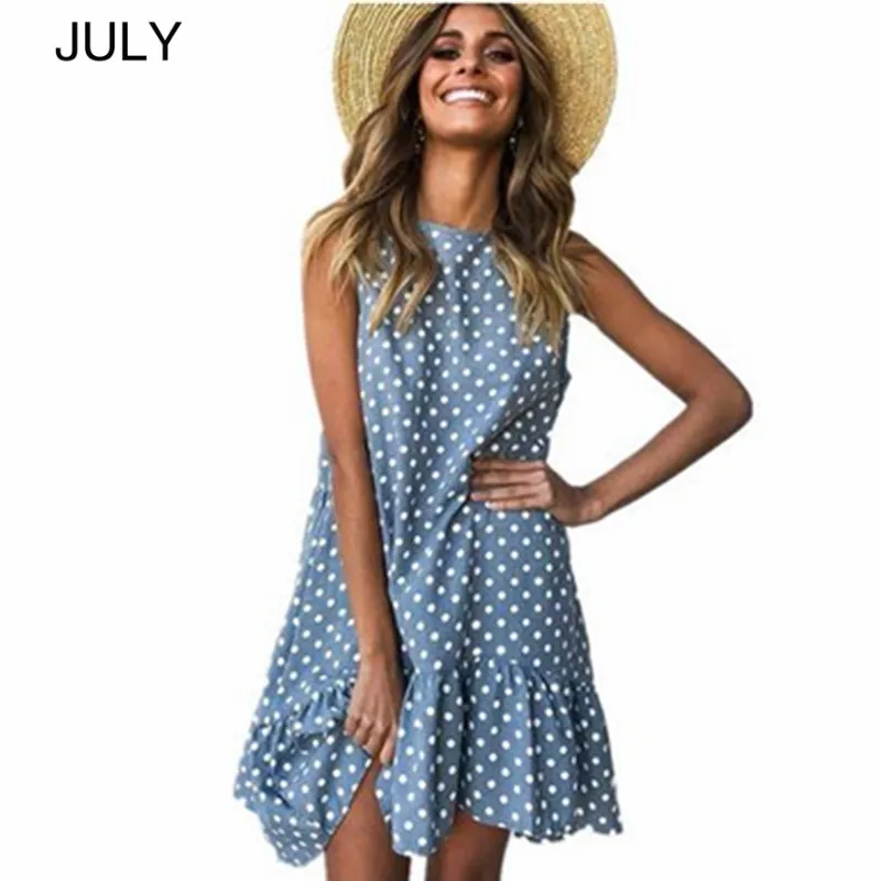 

Dot Print Sleeveless Dress Casual Loose O Neck Ruffles Pocket Women Summer Basic Beach Short Dresses Sexy Sundress Vestidos