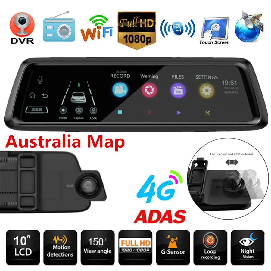 

10'' 1080P 4G WiFi Portable Recorder Bluetooth Android 5.1 GPS Navigation with AU MAP Car DVR Adjustable Camera Rearview Mirror